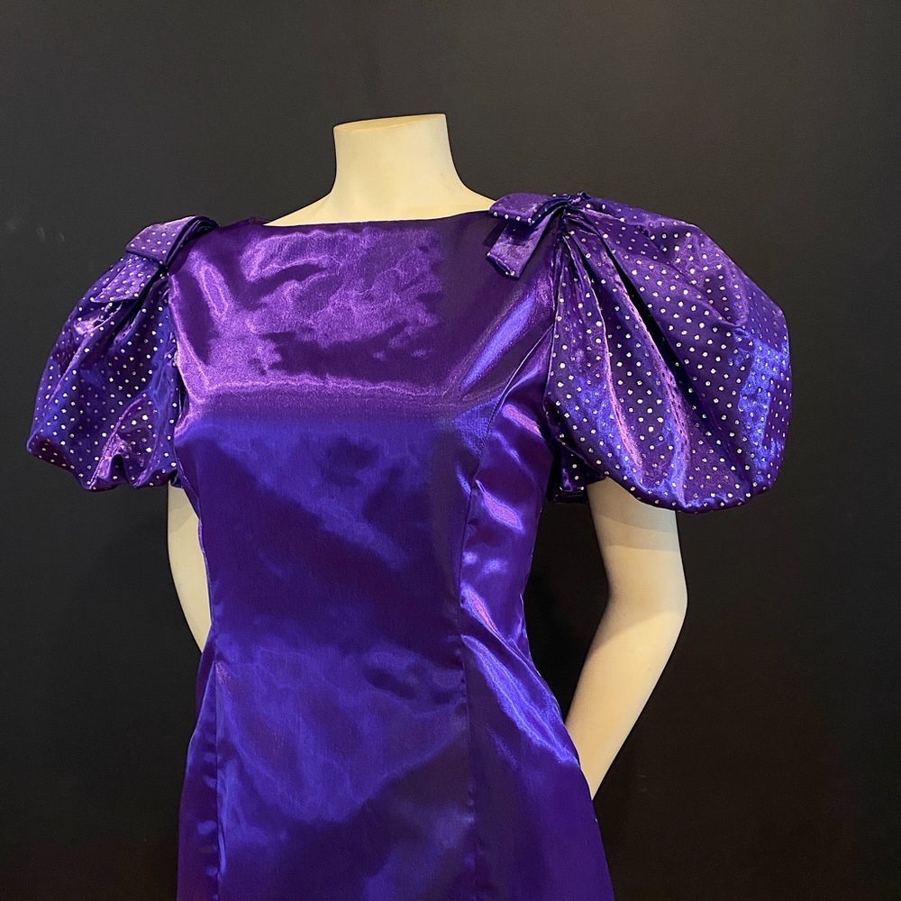 AMAZING Vintage Royal Purple Iridescent Statement Puff Sleeve Midi Dress - Picture 5 of 11